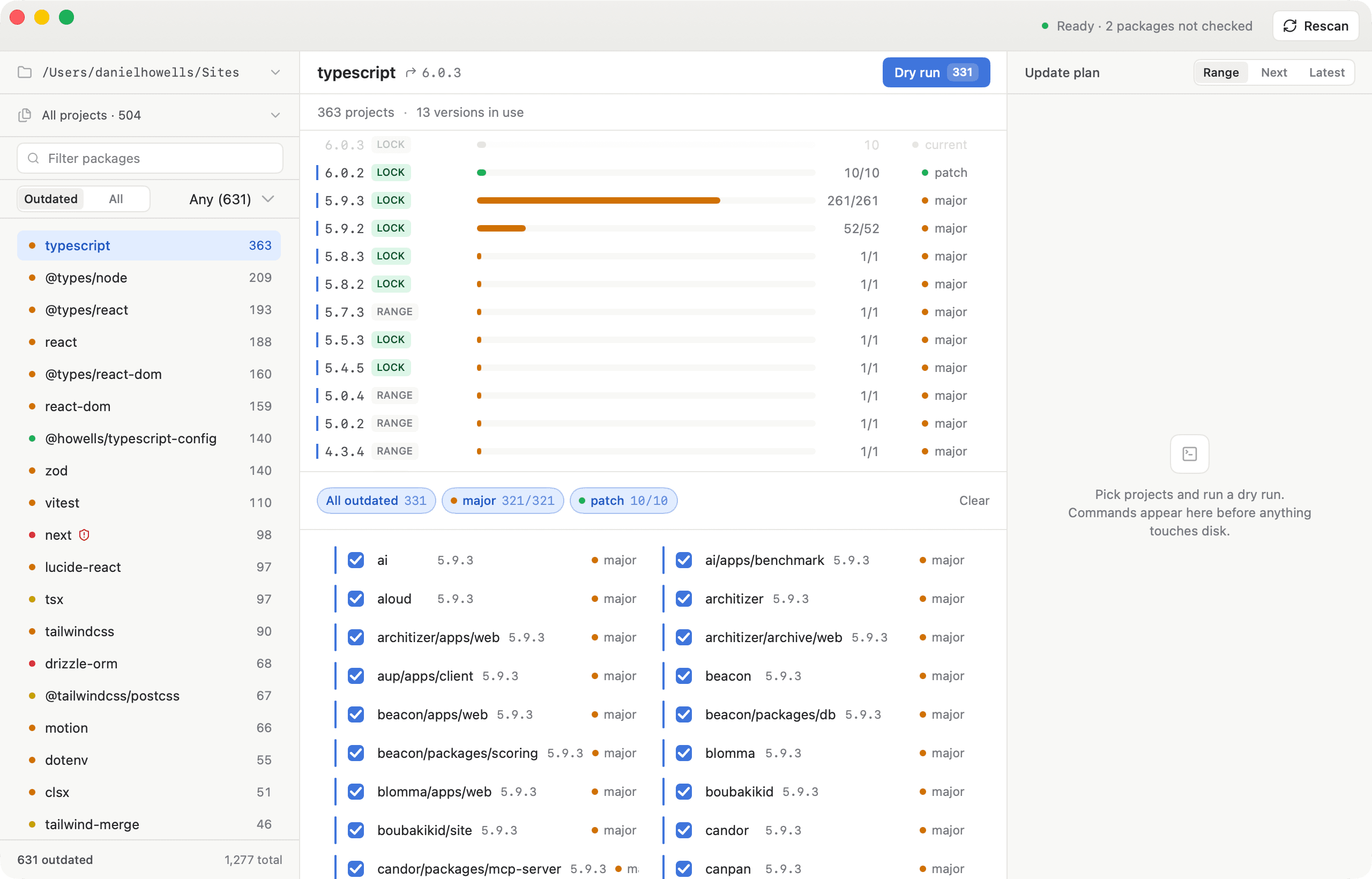 Monogrove desktop app showing TypeScript updates across a large workspace.
